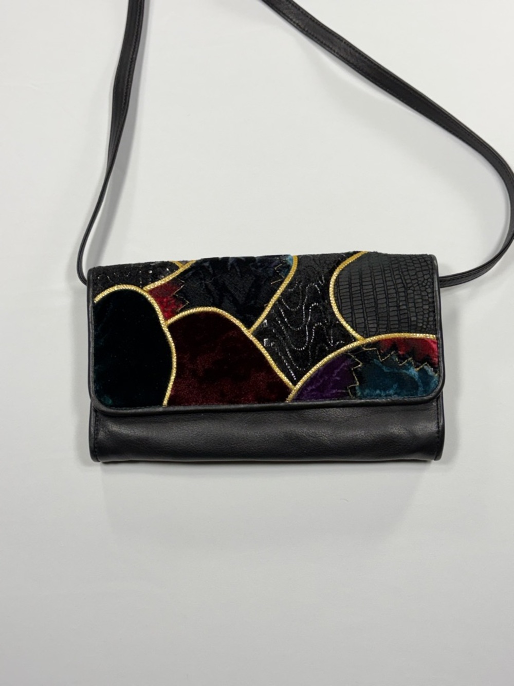 Carlos Falchi Patchwork Leather Velvet Shoulder Bag Vintage Boho Art Purse